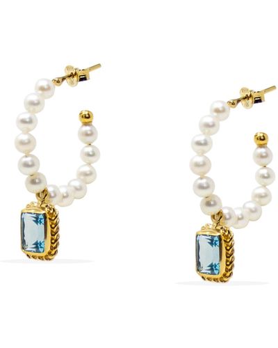 Vintouch Italy Luccichio Sky Blue Topaz And Pearl Hoop Earrings - Metallic