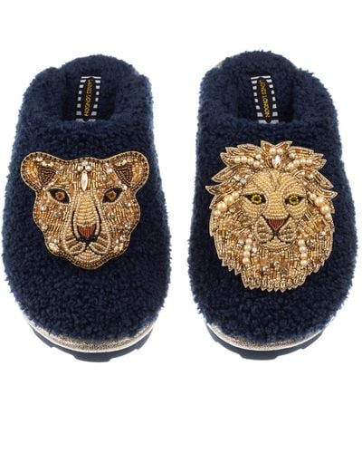 Laines London Teddy Towelling Closed Toe Slippers With Artisan Gold Lion & Lioness Brooches - Blue