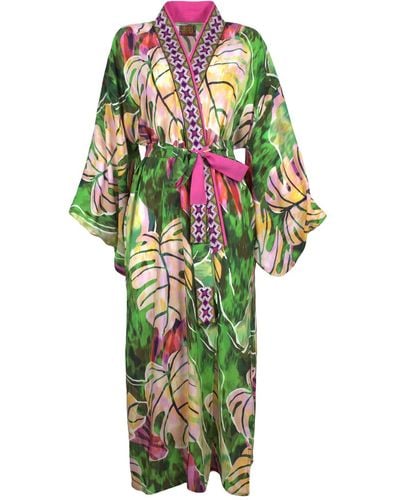 Lalipop Design Multi-color Leaves Print Kimono Embellished With Embroidery Details - Green