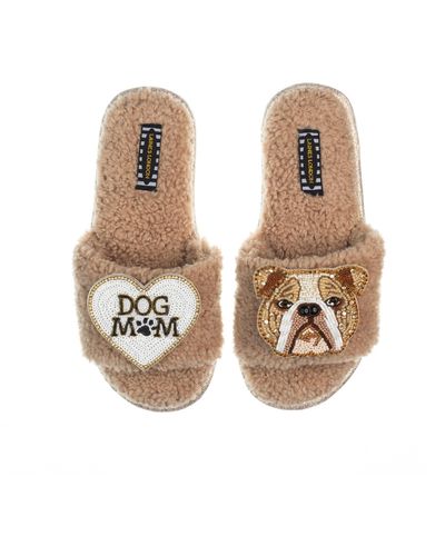 Laines London Teddy Toweling Slippers With Mr Beefy The Bulldog & Dog Mum /mom Brooches - Natural