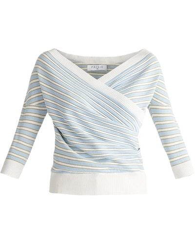 Paisie Knitted Wrap Top In Gold, Light Blue & White