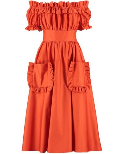 Lavaand The Tamsin Bardot Ruffle Pocket Midi Dress In Sunset Orange