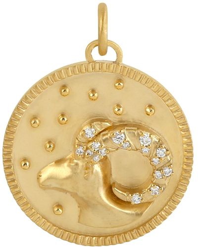 Artisan 14k Yellow Gold With Pave Diamond Aries Zodiac Astrology Charm Pendant - Metallic