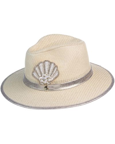 Laines London Straw Woven Hat With Pearl Beaded Shell - Natural