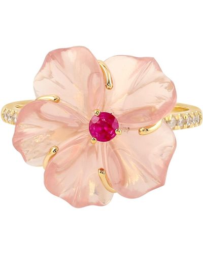 Artisan 14k Yellow Gold Handmade Diamond Flower Shape Ring Ruby - Pink