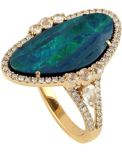 Artisan 18k Yellow Gold Natural Diamond Opal Doublet Cocktail Ring Jewellery - Metallic