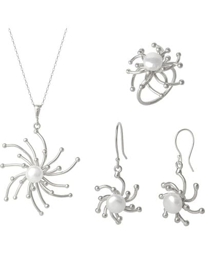 Spero London Pearl Sun Molten Dripping Sunburst Sterling Complete Set Ring Necklace & Earring - Metallic