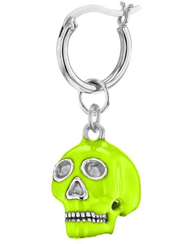 True Rocks Neon Lime Green & Sterling Silver Mini Skull Hung On Silver Hoop Earring