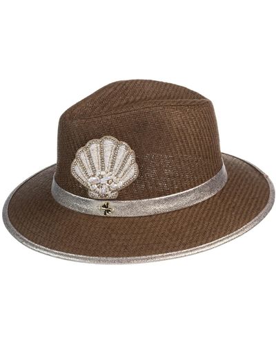 Laines London Straw Woven Hat With Pearl Beaded Shell - Brown