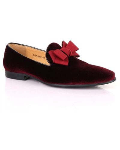DAVID WEJ Wine Leather Velvet Bow Tie Loafers - Red