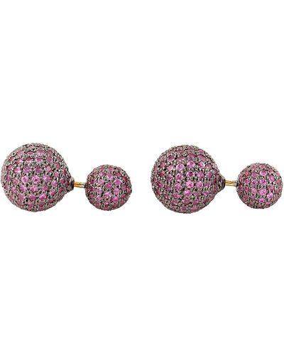 Artisan 18k Gold With 925 Silver In Pave Pink Sapphire Bead Ball Double Tunnel Earrings - Purple