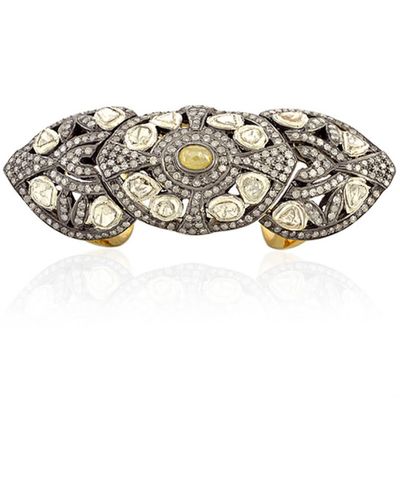 Artisan Uncut Diamond 18k Gold 925 Sterling Silver Long Ring Handmade Jewelry - Metallic