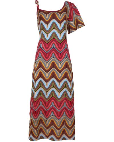 Lalipop Design One-shoulder Multi-color Knitted Maxi Dress - Red