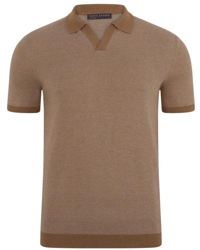 Paul James Knitwear Mens Lightweight Cotton Giovanni Honeycomb Buttonless Polo Shirt - Brown
