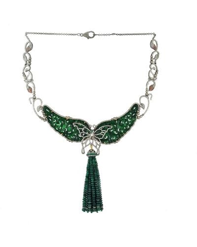 Artisan Diamond Gold Silver Butterfly Design Choker Necklace Jade Carved Topaz Emerald Gemstone Jewelry - Green