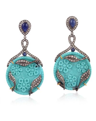 Artisan Carved Turquoise & Blue Sapphire Pave Diamond In 18k Gold With Silver Designer Dangle Earrings