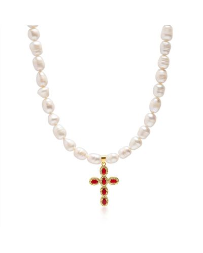 Nialaya Baroque Pearl Choker With Red Cross - Metallic