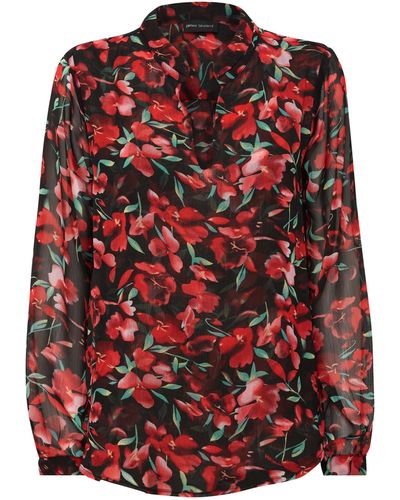 James Lakeland Flower Print Mandarin Collar Blouse In Black - Red