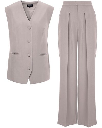 BLUZAT Neutrals Suit With Oversized Vest And Ultra Wide Leg Trousers - Grey