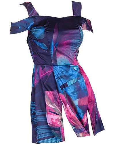 Maison Bogomil Tight Satin Dress With Tropical Print - Blue