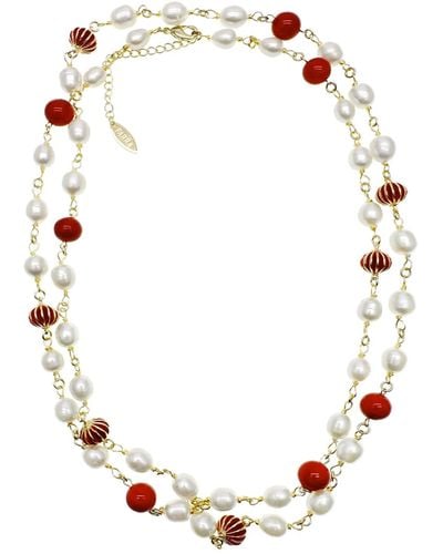 Farra Coral And Freshwater Pearls With Chinese Lantern Station Necklace - Red