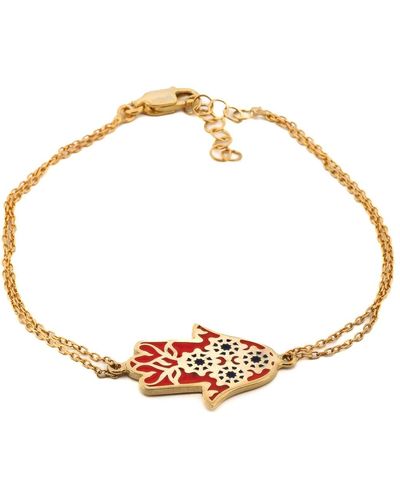 Ebru Jewelry Red Enamel Floral Hamsa Hand Gold Vermeil Chain Bracelet - Metallic
