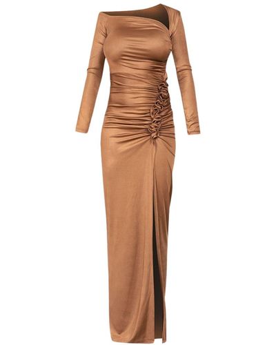 Cliché Reborn Maxi Asymmetric Long Sleeve Dress With Ruched Detail In - Brown