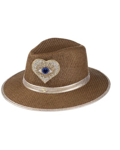 Laines London Straw Woven Hat With Embellished Couture Gold & Blue Heart Eye Brooch - Brown