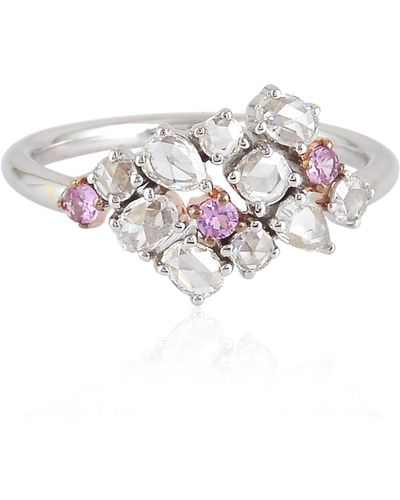 Artisan 18k White Gold Rose Cut Diamond Pink Sapphire Ring Handmade Jewelry - Metallic