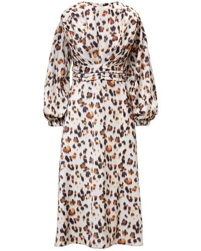 BLUZAT Animal Print Midi Dress With Shoulder Pads Detail And Pleats - Multicolor
