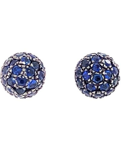 Artisan 18k White Gold With Pave Blue Sapphire Gemstone Bead Stud Earrings
