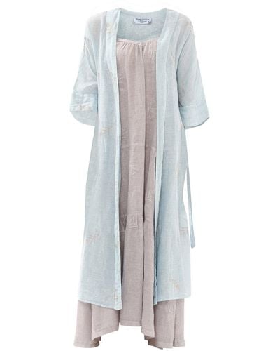 Haris Cotton Embroidered Linen Gauze Kimono With Batwing Sleeves - Blue