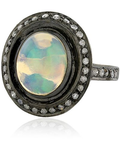 Artisan 18k Silver With Oval Cut Ethiopian Opal & Pave Diamond Vintage Cocktail Ring - Green