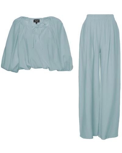 BLUZAT Mint Linen Matching Set With Flowy Blouse And Wide Leg Pants - Blue