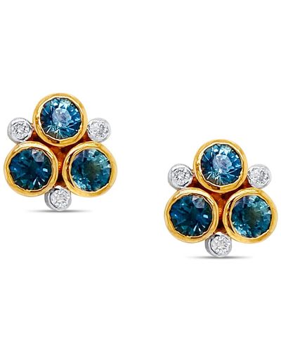 Trésor Blue Sapphire Round And Diamond Stud Earring In 18k Yellow Gold