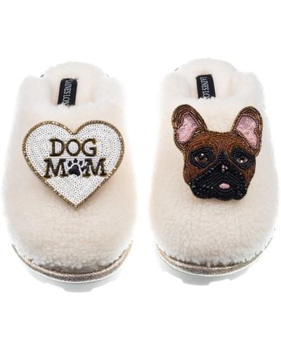 Laines London Teddy Closed Toe Slippers With Cookie The Frenchie & Dog Mum / Mom Brooches - Metallic