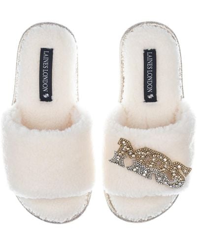 Laines London Teddy Towelling Slipper Sliders With Mrs Brooch - White