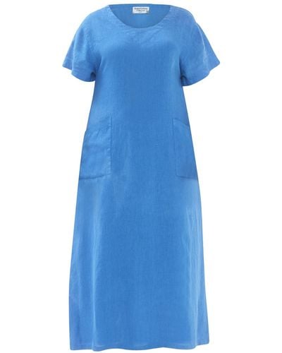 Haris Cotton Midi Linen Dress With Three Quarters Sleeve And Pockets - Blue