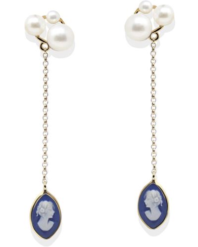 Vintouch Italy Lilith Gold-plated Blue Cameo And Pearl Drop Earrings - White