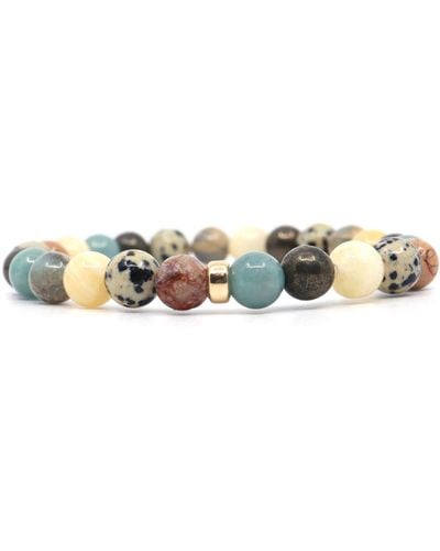 Shar Oke Neutrals Dalmatian Jasper, Yellow Jade, Green Jade, African Opal & Teal African Sea Sediment & Pyrite Beaded Bracelet - Multicolour