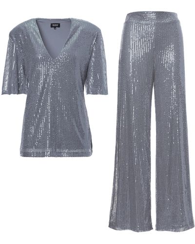BLUZAT Sequin Matching Set With Blouse And Wide Leg Pants - Blue