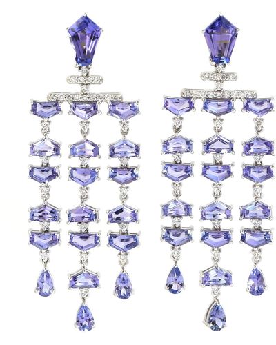 Artisan Handmade 18k White Gold Natural Tanzanite Gemstone Diamond Dangle Earrings - Blue