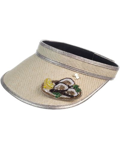 Laines London Straw Woven Visor Embellished With Handmade Oyster Brooch - Black