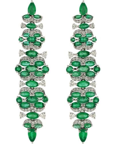 Artisan Real Marquise Cut Emerald & Prong Diamond With 14k White Gold Long Chandelier Earrings - Green