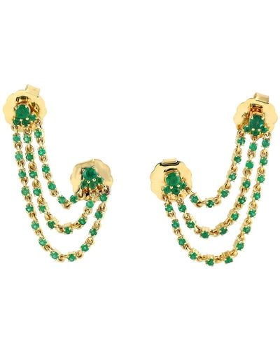 Artisan 14k Solid Gold & Emerald Drape Double Pierce Stud With Chandelier Earrings - Metallic