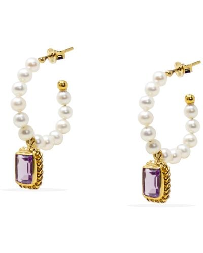 Vintouch Italy Luccichio Amethyst And Pearl Hoop Earrings - Metallic