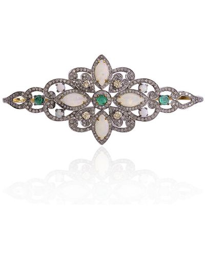Artisan Marquise Cut Ethiopian Opal & Emerald Pave Diamond In 18k Solid Silver Palm Bracelet - White