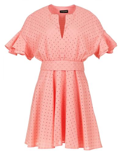 Conquista Coral Embroidered Dress With Ruffle Sleeves - Pink
