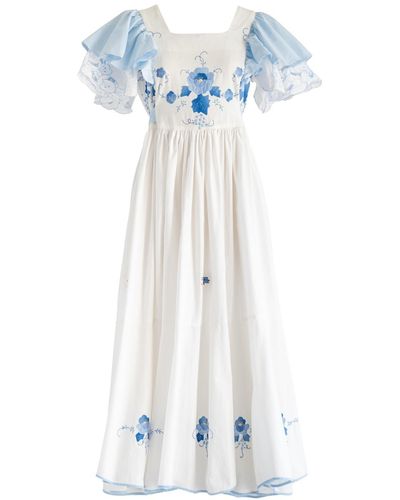 Sugar Cream Vintage Re-design Upcycled Ruffle Sleeved Blue Embroidery Maxi Dress