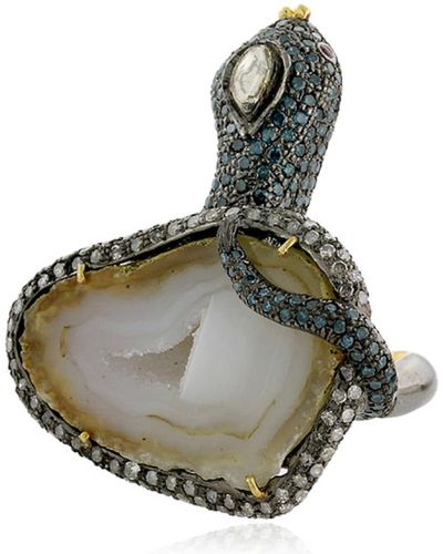 Artisan Multicolour Diamond Pave & Ruby With Unshaped Geode In 18k Silver Snake Stunning Ring - Green